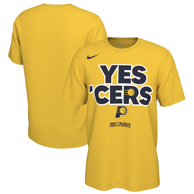 Men's Indiana Pacers Gold 2025 Playoffs On-Court Mantra T-Shirt